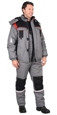 Костюм СИРИУС-СТАН утепленный куртка, п/к, серый с черной и красной отделкой